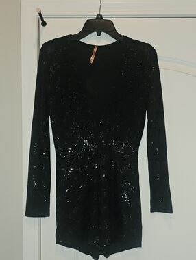 Black Sequin Long-Sleeve V-Neck Dress